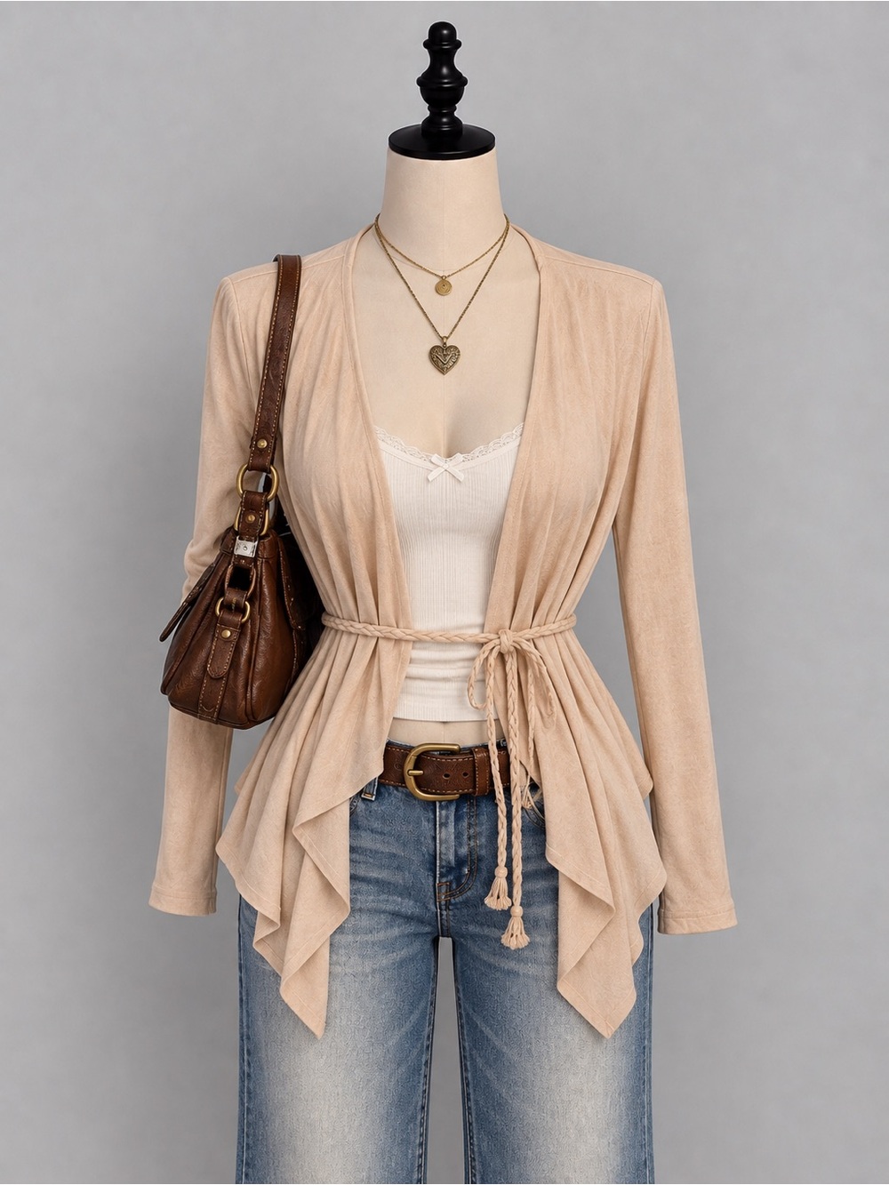 Auden Women's Open Front Tie-Waist Cardigan in Light Beige